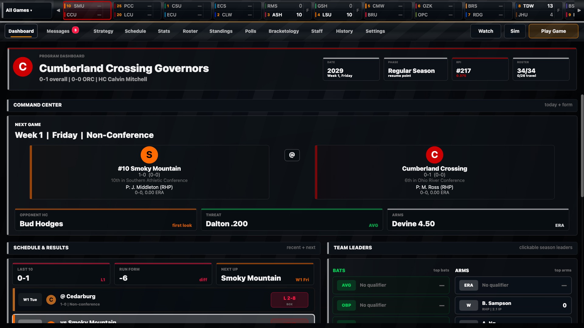 Dynasty dashboard showing season status and program data
