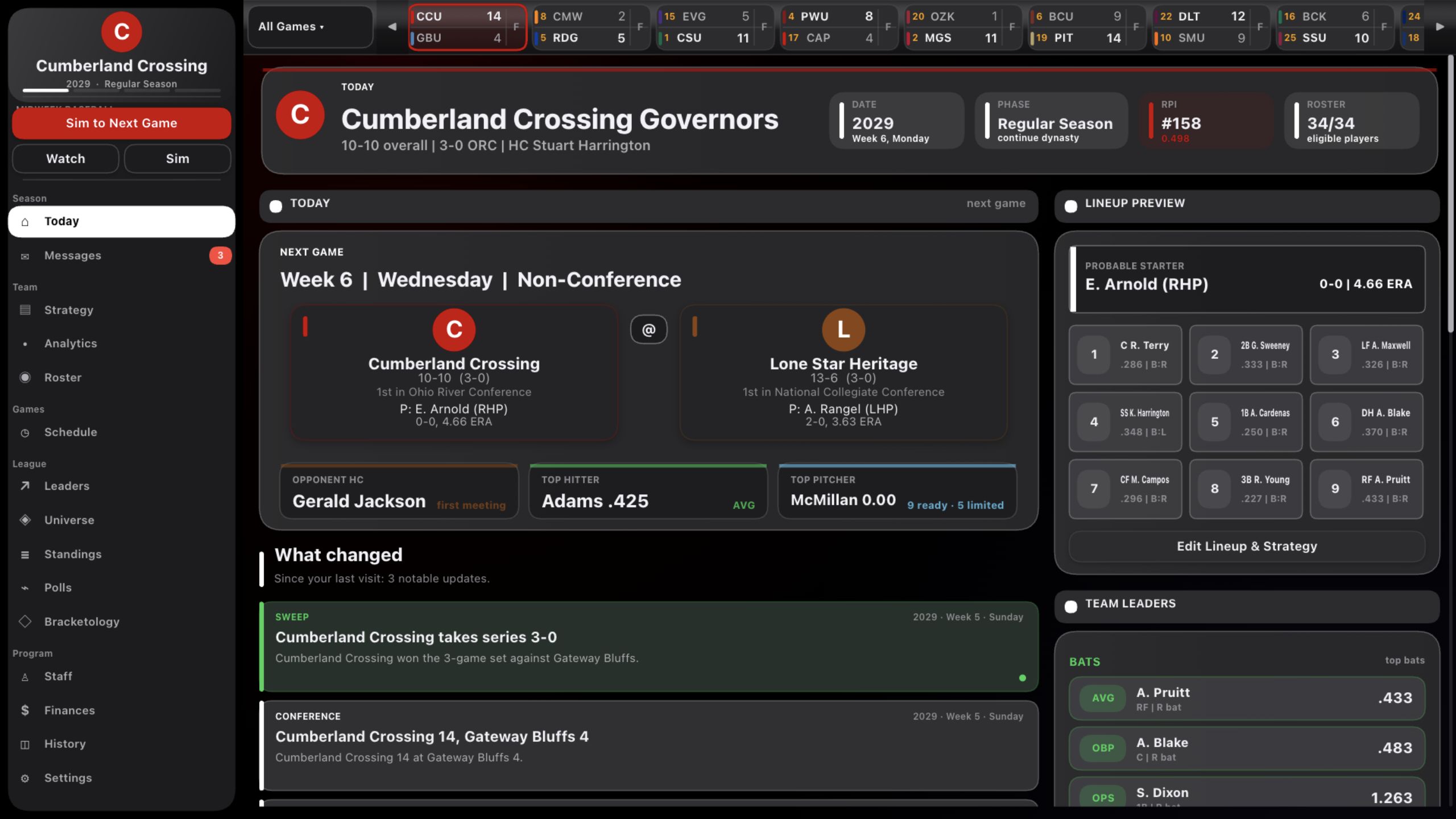 In-season dynasty dashboard showing next game, lineup, results, and team leaders