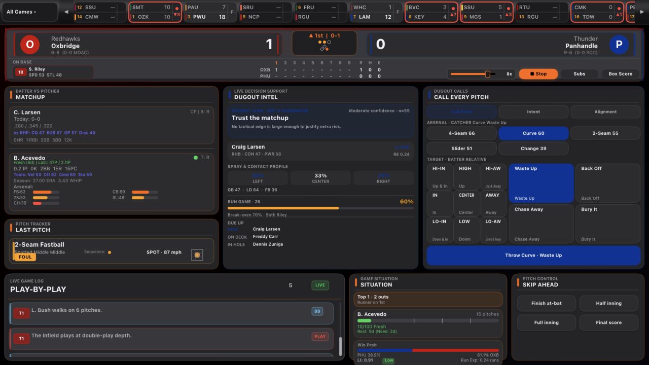 Pitch-by-pitch game management with pitch calling, matchup data, and live play-by-play
