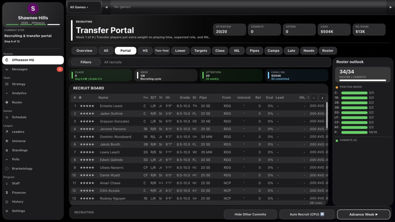 Transfer portal recruiting board with roster needs and player grades